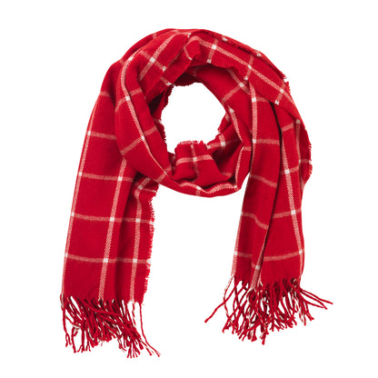 Red scarf with white plaid pattern and fringed ends.