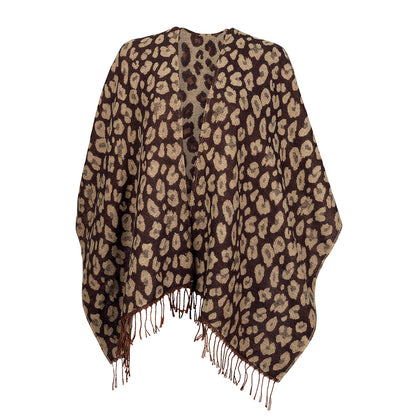 Brown leopard-print Kennedy shawl with fringe