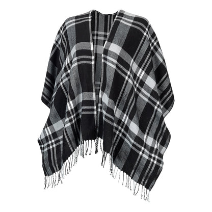 Black and white plaid Kennedy shawl with fringe