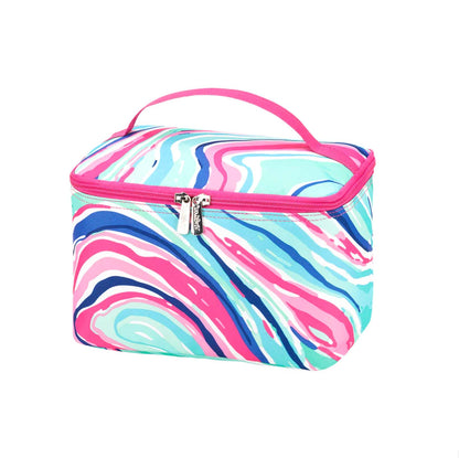 Pink, mint and blue swirl-print cosmetic case with pink trim