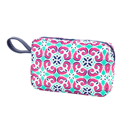 Pink and mint tile-print cosmetic pouch with a navy loop