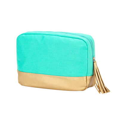 Mint Cabana cosmetic bag with gold-colored trim and tassel