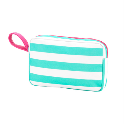 Mint and white striped cosmetic pouch with a pink loop