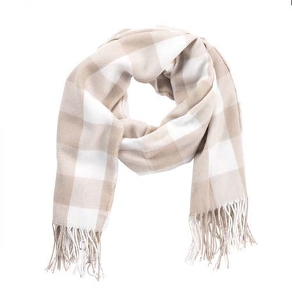 Beige and white buffalo check scarf with fringed ends.