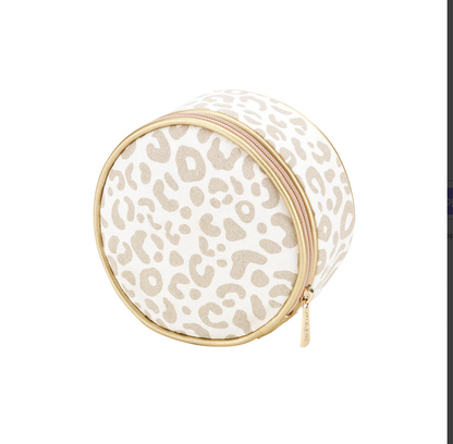 Cream leopard-print round jewelry case with pale trim