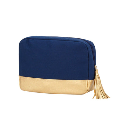 Navy Cabana cosmetic bag with gold-colored trim and tassel