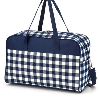 Navy checked travel bag with matching top panel