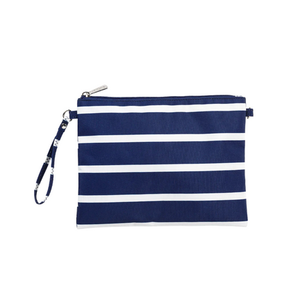 Navy and white striped wristlet with matching strap