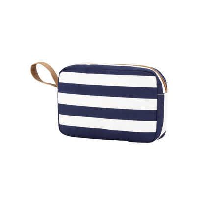 Navy and white striped cosmetic pouch with a tan loop