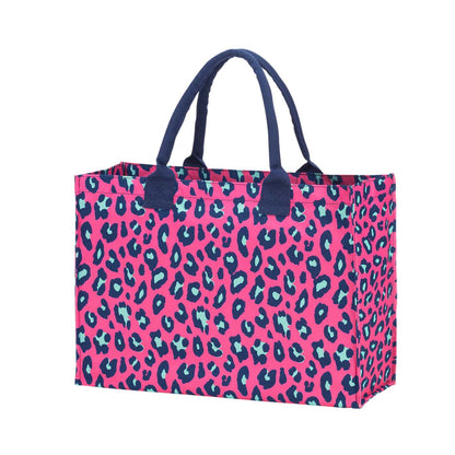 Hot pink leopard-print tote with navy handles