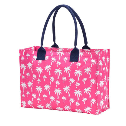 Hot pink palm-tree-print tote with navy handles