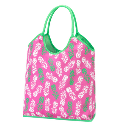 Pink pineapple-print beach tote with green handles
