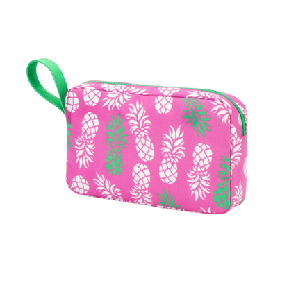 Pink pineapple-print cosmetic pouch with a green loop