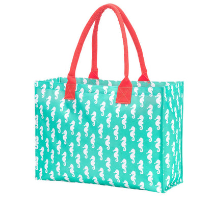 Mint seahorse-print tote with coral handles