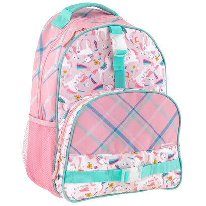Pink Stephen Joseph backpack with teal accents, all-over unicorn and rainbow print, plaid front pocket, mesh side pocket, and adjustable straps
