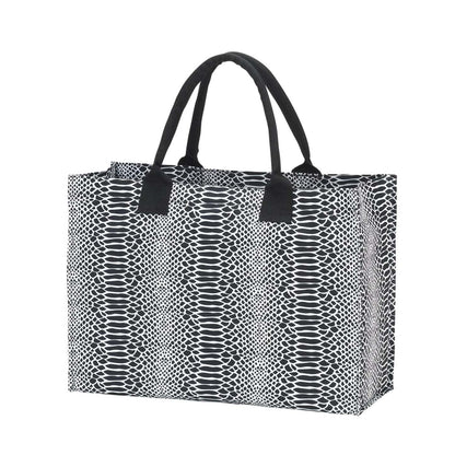 Black and white snakeskin-pattern tote with black handles