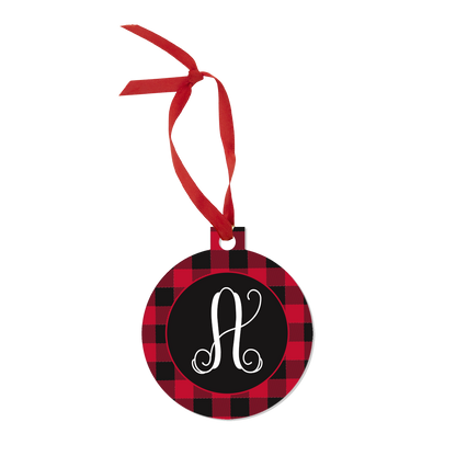 Red and black buffalo check initial A ornament with red hanging ribbon and gold colored backing