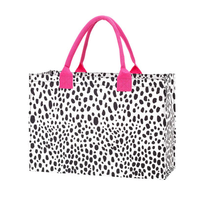Black and white spotted tote with pink handles