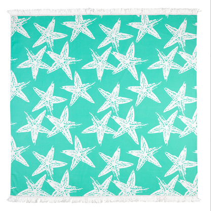 Mint beach blanket with white starfish print