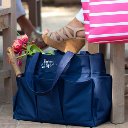 Personalized navy carryall tote filled with groceries