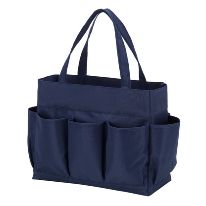 Navy carryall tote with exterior pockets