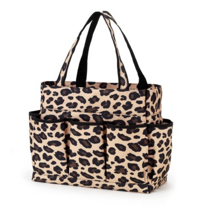 Tan leopard-print carryall tote with black handles