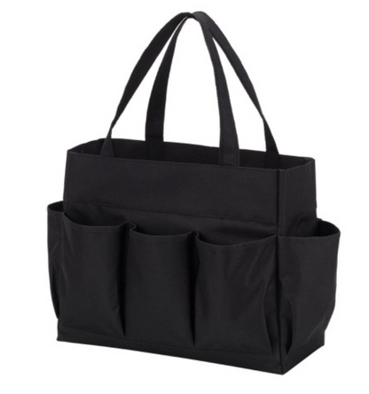 Black carryall tote with exterior pockets