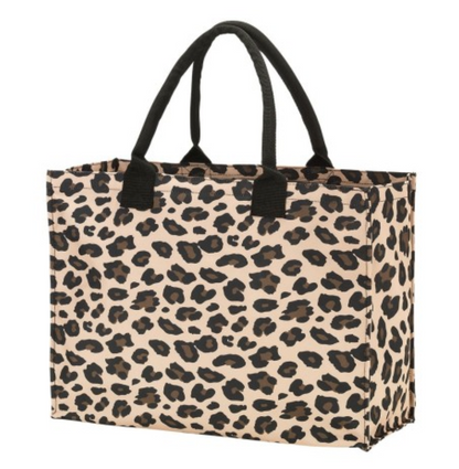 Tan leopard-print tote with black handles