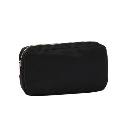 Black zippered accessory pouch on a white background