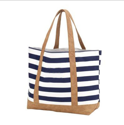 Navy and white striped tote with tan handles and trim