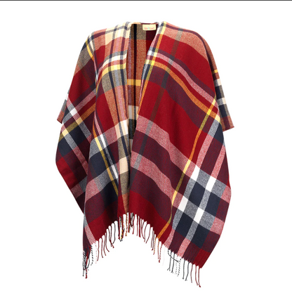 Burgundy and multicolor plaid Kennedy shawl with fringe