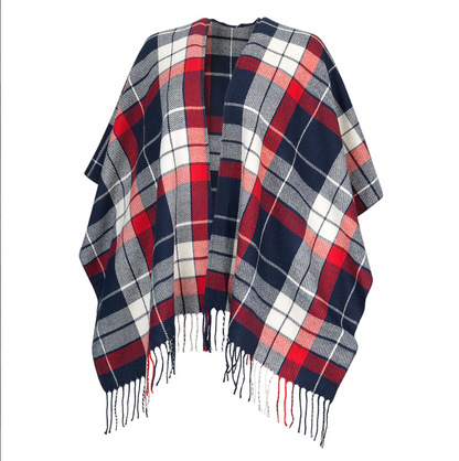 Red, gray and white plaid Kennedy shawl with fringe