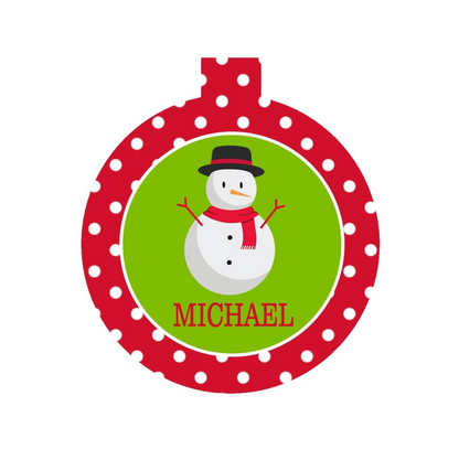 Snowman Christmas ornament with red and white dotted border, green center and personalized name Michael on a white background