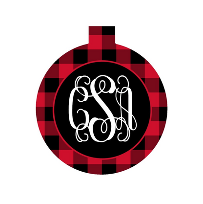 Red and black buffalo check ornament with a white three letter monogram in the black center