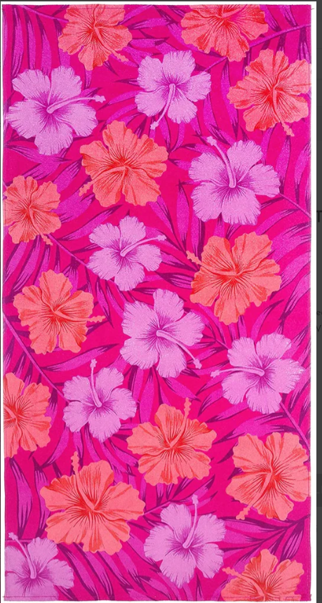 Cotton Velour Beach Towel in Hibiscus Colors, 60" x 30"
