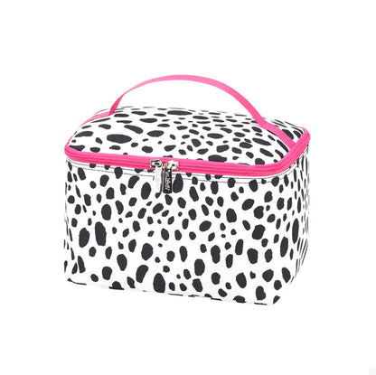 Black and white spotted cosmetic case with pink trim