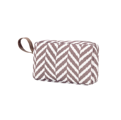 Taupe and white herringbone-pattern cosmetic pouch with a brown loop