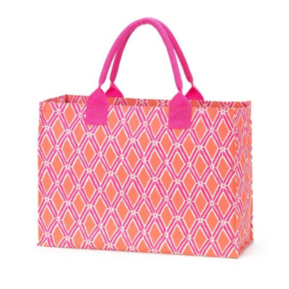 Pink and orange geometric-print tote with pink handles