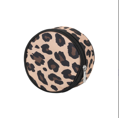 Tan leopard-print round jewelry case