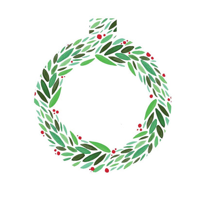 Round ornament design with green leaf wreath and red berries surrounding a white center