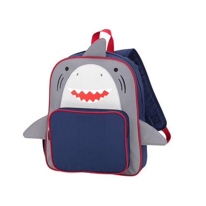 Gray and navy shark preschool backpack with side fins and red trim