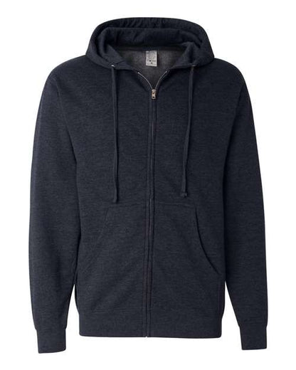 Dark heathered navy full-zip hooded sweatshirt with drawstrings and front pockets.