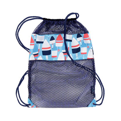 Buoy-print mesh drawstring backpack on a white background
