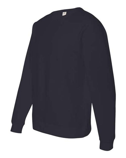 Navy crewneck sweatshirt shown from the back with a small white logo tag at the neckline.