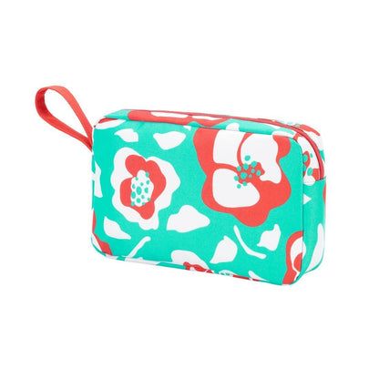 Mint floral cosmetic pouch with a coral side loop