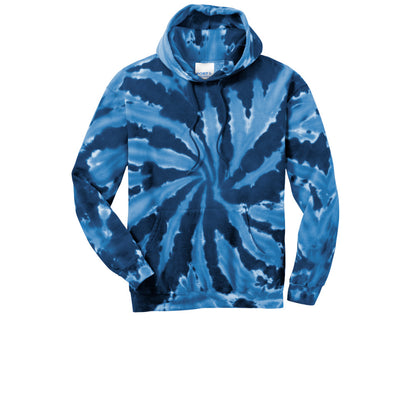 Navy blue and light blue tie-dye pullover hooded sweatshirt with a front kangaroo pocket and drawstrings.