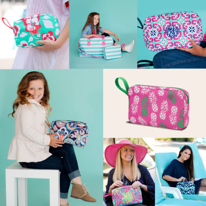 Collage of personalized cosmetic pouches in floral, striped and geometric prints