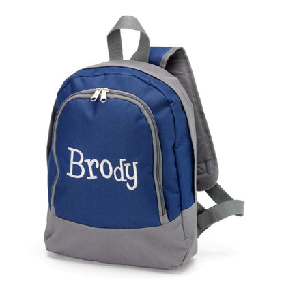 Navy and gray preschool backpack embroidered with Brody