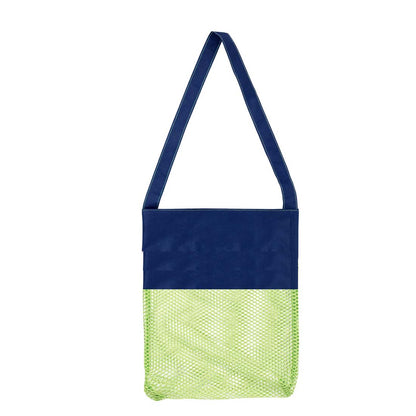 Green mesh tote with navy top panel and handle