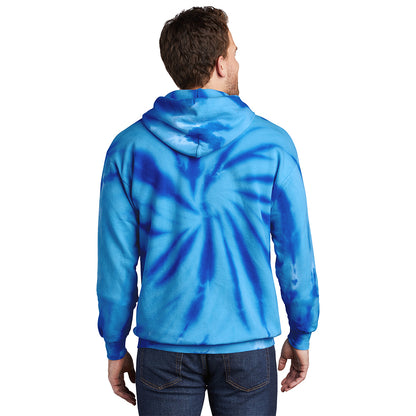 Man wearing royal blue spiral tie-dye pullover hoodie, back view